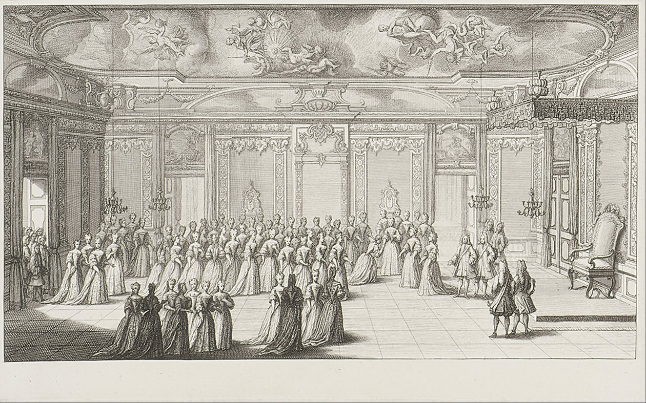 A sala de audiências durante a receção da noiva no Palácio de Dresden, em 2 de setembro de 1719 de Gerard Jean Baptiste Scotin
