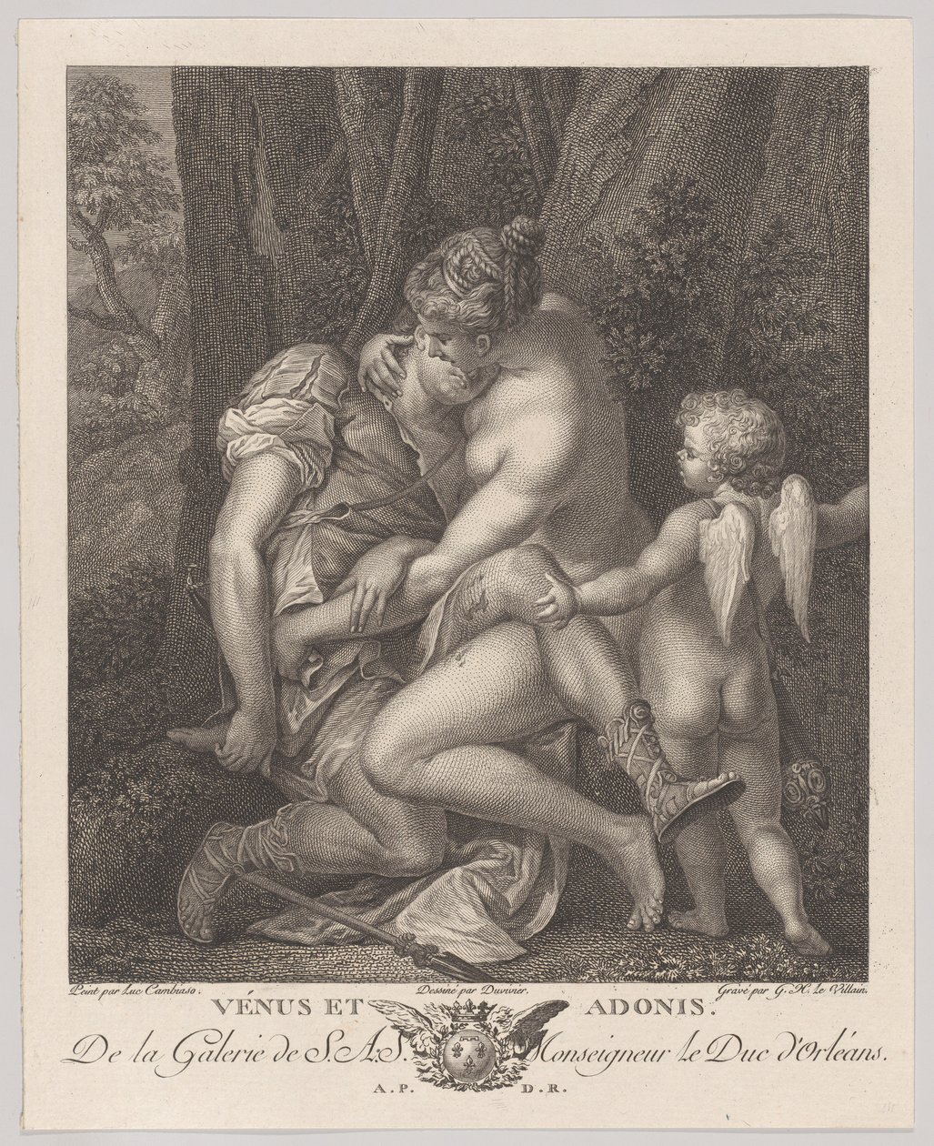 Vênus de luto por Adonis, sentado debaixo de uma árvore e abraçando-o, com Cupido à direita, c..., c. 1786. de Gérard René Le Vilain