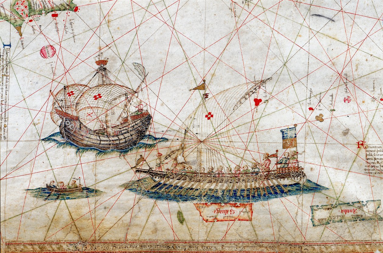 O detalhe de mastro alto envia da carta náutica por Grazioso Benincasa (Rot.3), na biblioteca da universidade de Bolonha. de Grazioso Benincasa