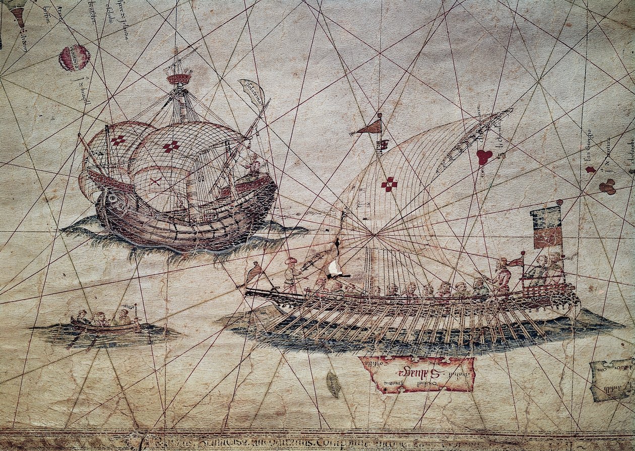 Galé e caravela portuguesa, detalhe da Carta Náutica do Mediterrâneo de Grazioso Benincasa