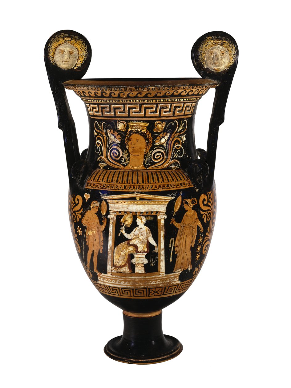 Cratera de voluta de figura vermelha de Apúlia decorada com uma mulher sentada e seus dois atendentes, c.340-320 aC (cerâmica) de Greek