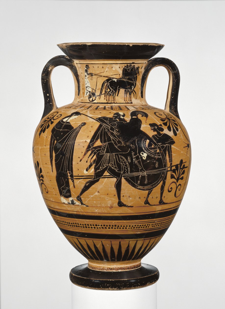 Ânfora Ateniana de pescoço negro no ático, mostrando o saco de Tróia, c.510 aC (terracota) de Greek