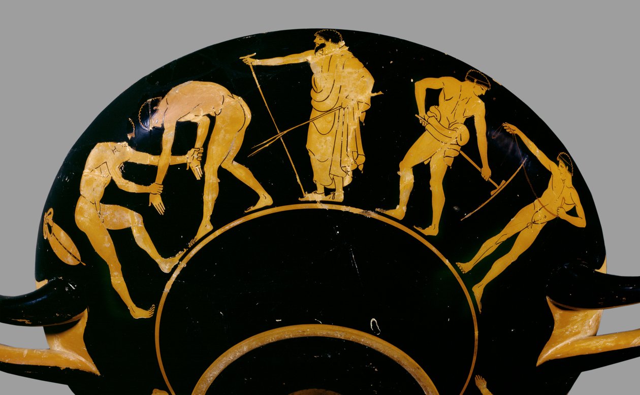 Copa ateniense de figuras vermelhas; representar um treinador com lutadores e outros atletas, 480 aC (cerâmica) de Greek