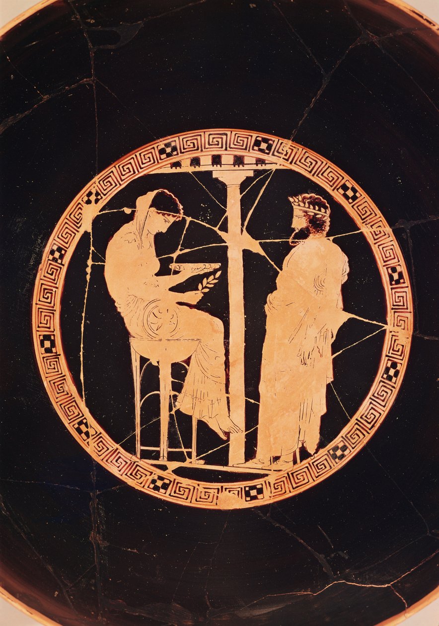 Kylix de figuras vermelhas ateniense representando Aegeus, rei de Atenas, consultando o oráculo de Delfos (cerâmica) de Greek
