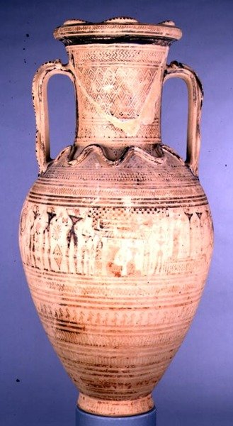 Ânfora de Imaculado Árbita Geométrica IIb decorada com uma cena fúnebre, c.720-700 aC (cerâmica) de Greek