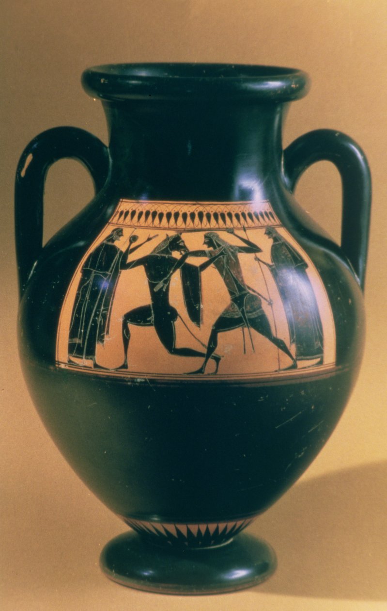 Ânfora de figura negra ática representando Teseu e o Minotauro, c.540-30 aC (louça de barro) de Greek