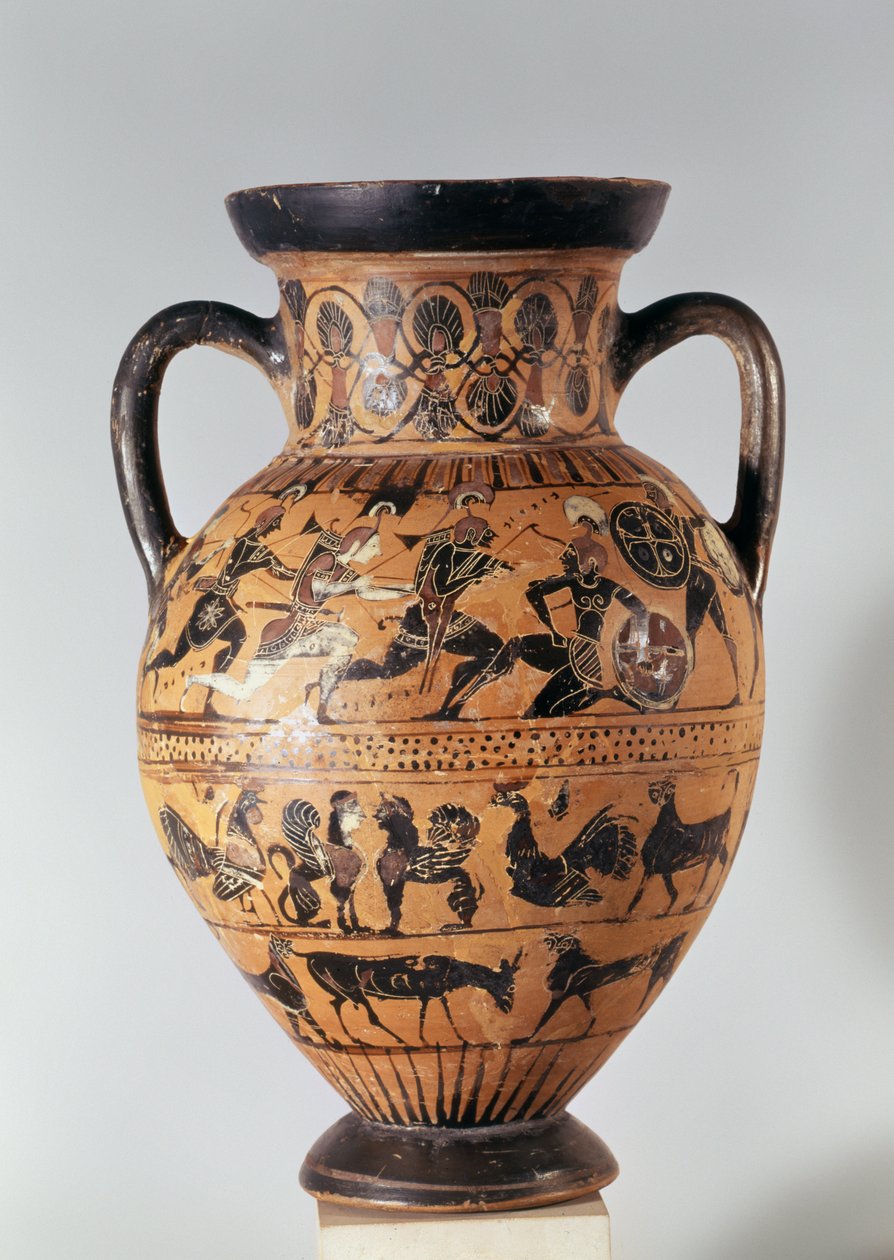 Ânfora de figura negra ática representando guerreiros lutando e animais fantásticos (cerâmica) de Greek