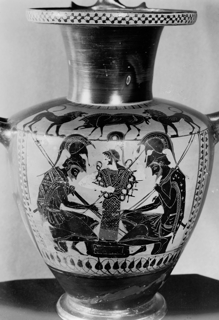 Hidra de figura negra ática representando Aquiles e Ajax jogando dados (barro) de Greek