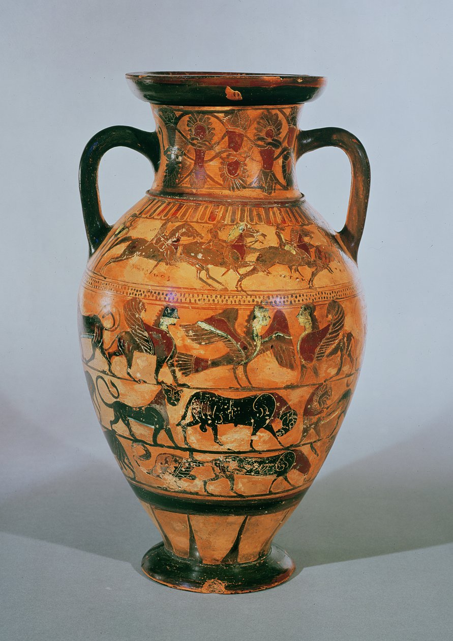 Ânfora ática de figuras negras decorada com animais, cavalos e cavaleiros e animais fantásticos (cerâmica) de Greek