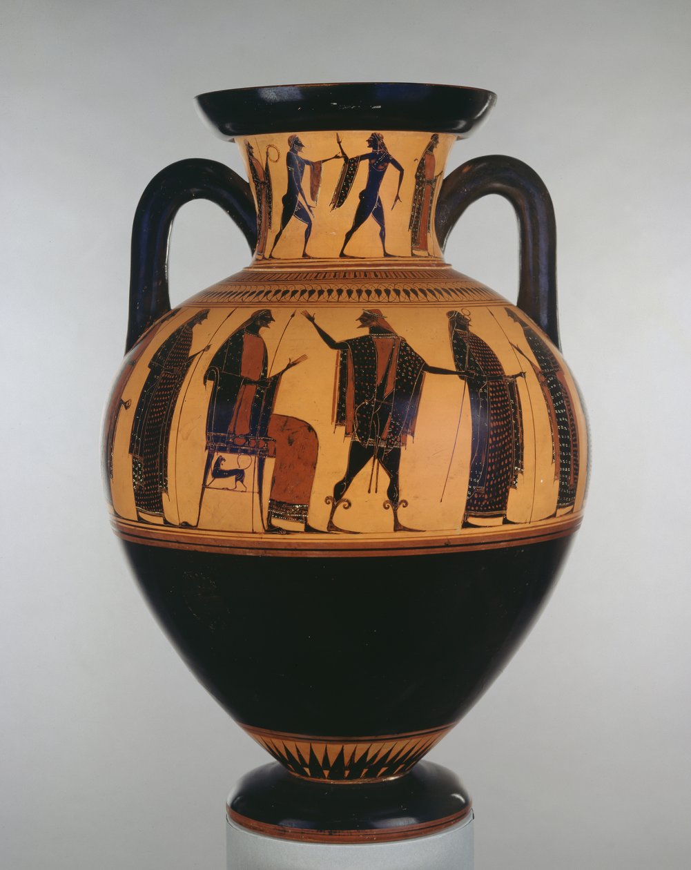 Ânfora ática de figuras negras decorada com cenas de Zeus e Hermes, pelo Pintor Aficionado, c.540-525 aC (cerâmica) de Greek