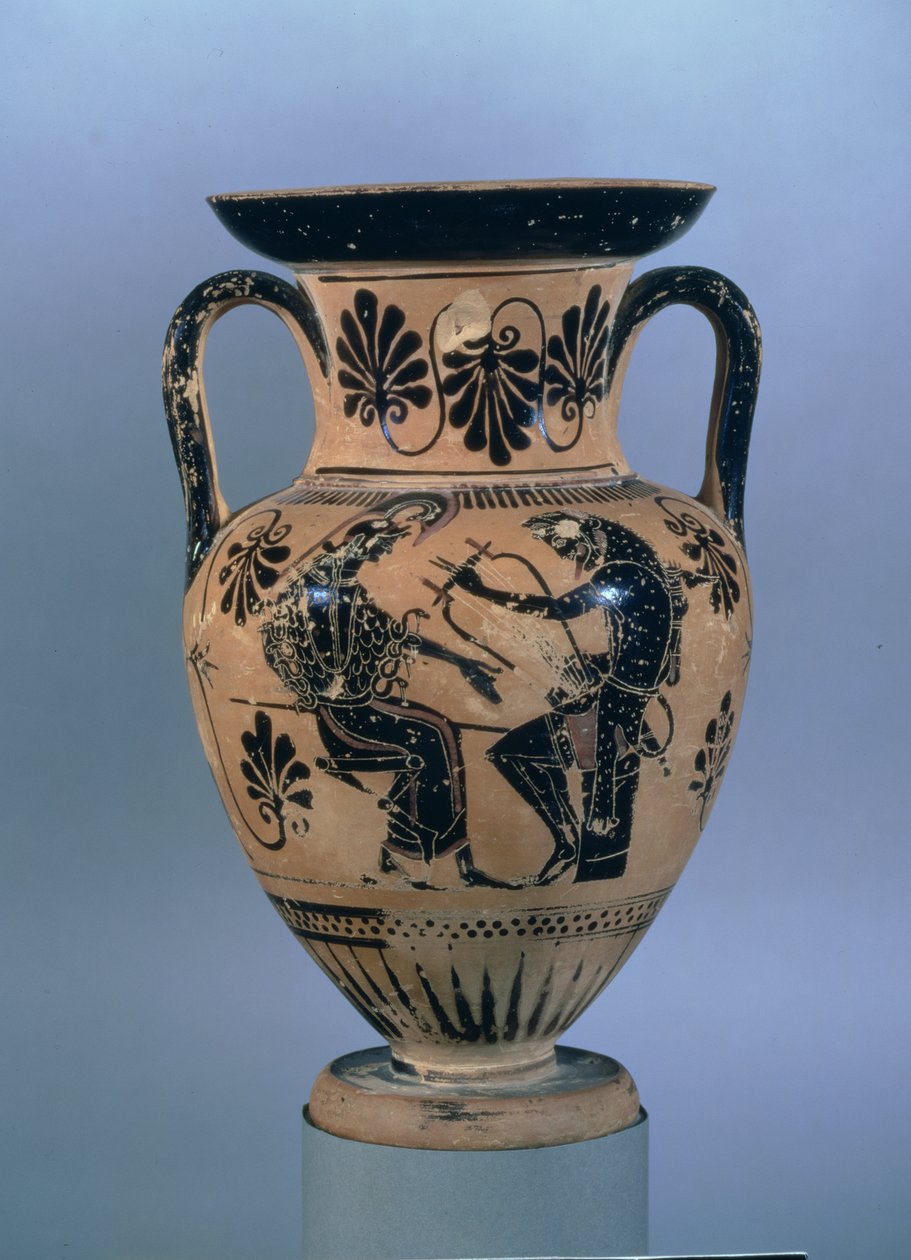 Ânfora ática de figuras negras representando Orfeu tocando sua lira para Atena (cerâmica) de Greek