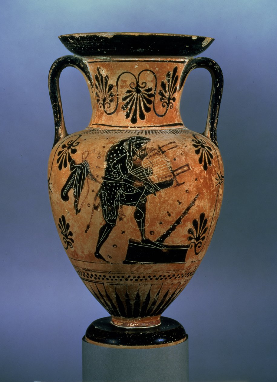Ânfora ática de figuras negras representando Orpheus tocando a lira (cerâmica) (para ver em verso 419828) de Greek