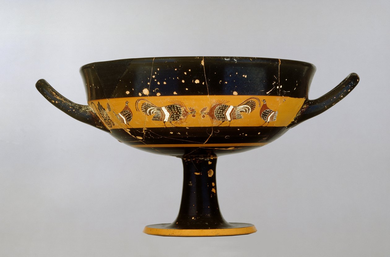 Taça de banda de figuras negras no sótão decorada com uma luta de galo, pelo pintor Tleson, de Vulci, c.550-525 aC (cerâmica) de Greek