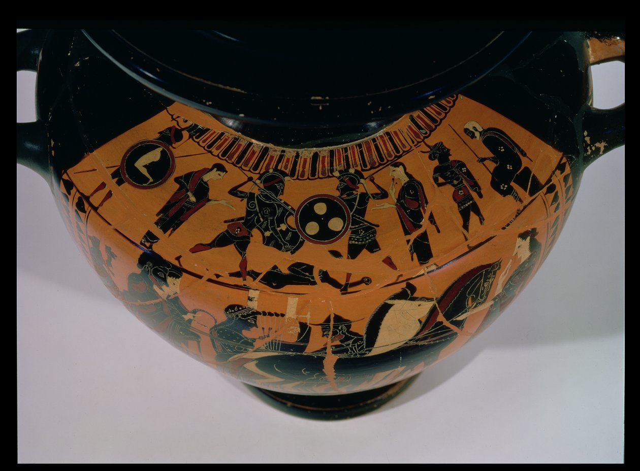 Hidrica ática de figuras negras, detalhe do ombro decorado com uma cena de batalha, cerâmica do século VI aC de Greek