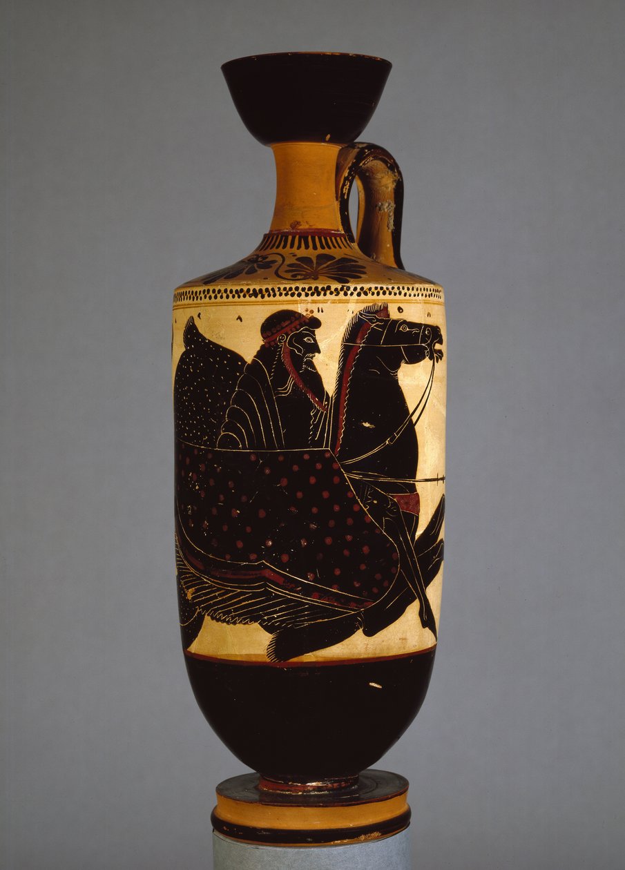 Lekythos áticos de figuras negras representando Poseidon, do 6º ao 5º século aC (cerâmica) de Greek
