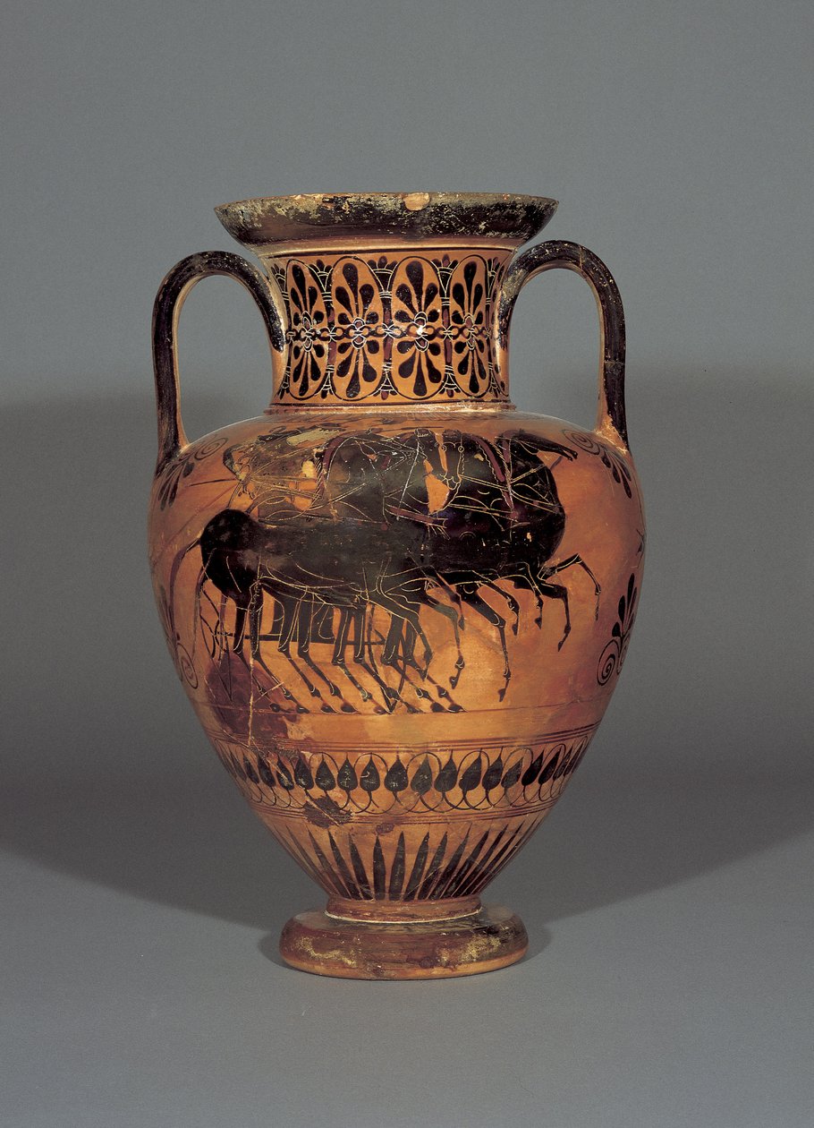 Ânfora de pescoço de figura negra no ático representando Atena em uma quadriga, 530-530 aC (argila) de Greek