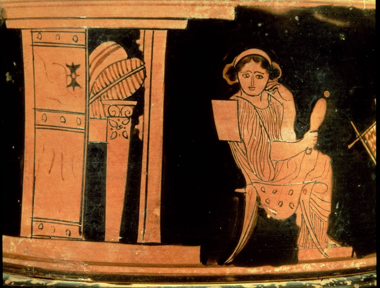Pyxis ático figura vermelha representando uma noiva, século 5 aC (cerâmica) de Greek