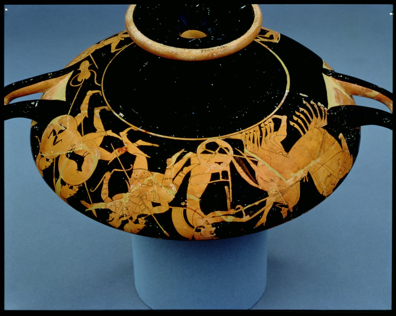 Copa ática de figuras vermelhas decorada com um cocheiro e guerreiros, por Oltos, c.510 aC (cerâmica) de Greek