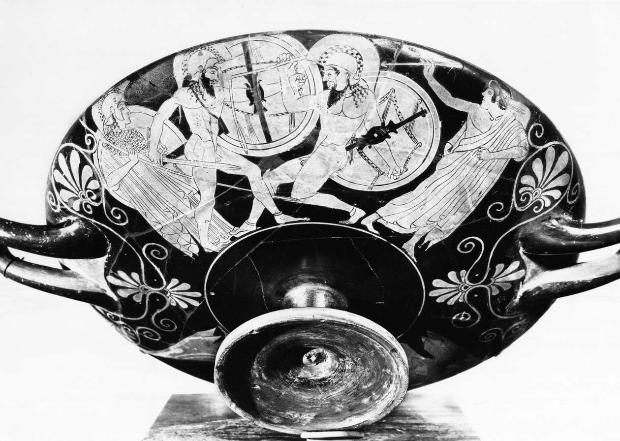 Copa ática de figuras vermelhas representando Aquiles e Heitor lutando na presença de Atena e Apolo (cerâmica) de Greek