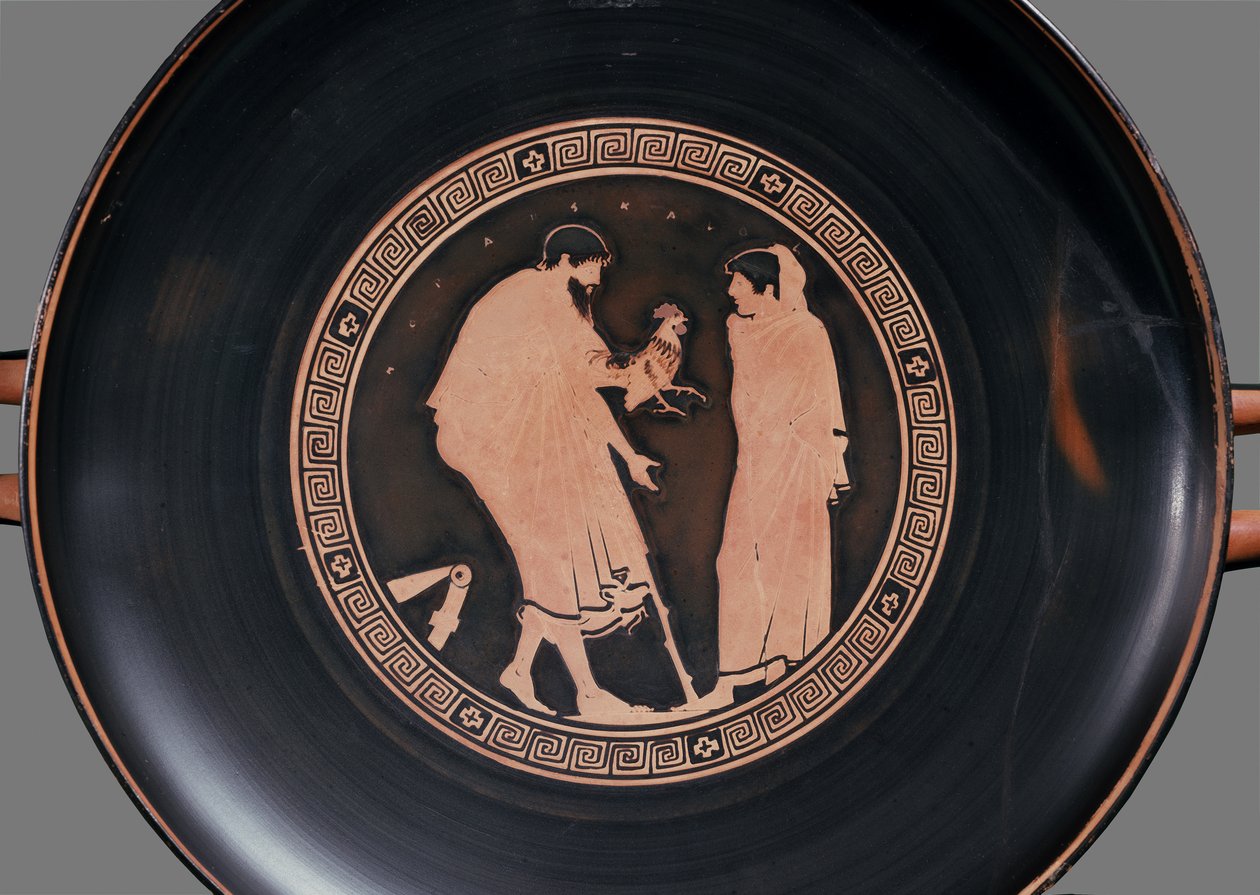 Taça ática de figuras vermelhas com um homem de barba oferecendo um galo a um menino, c.470 aC (cerâmica) de Greek