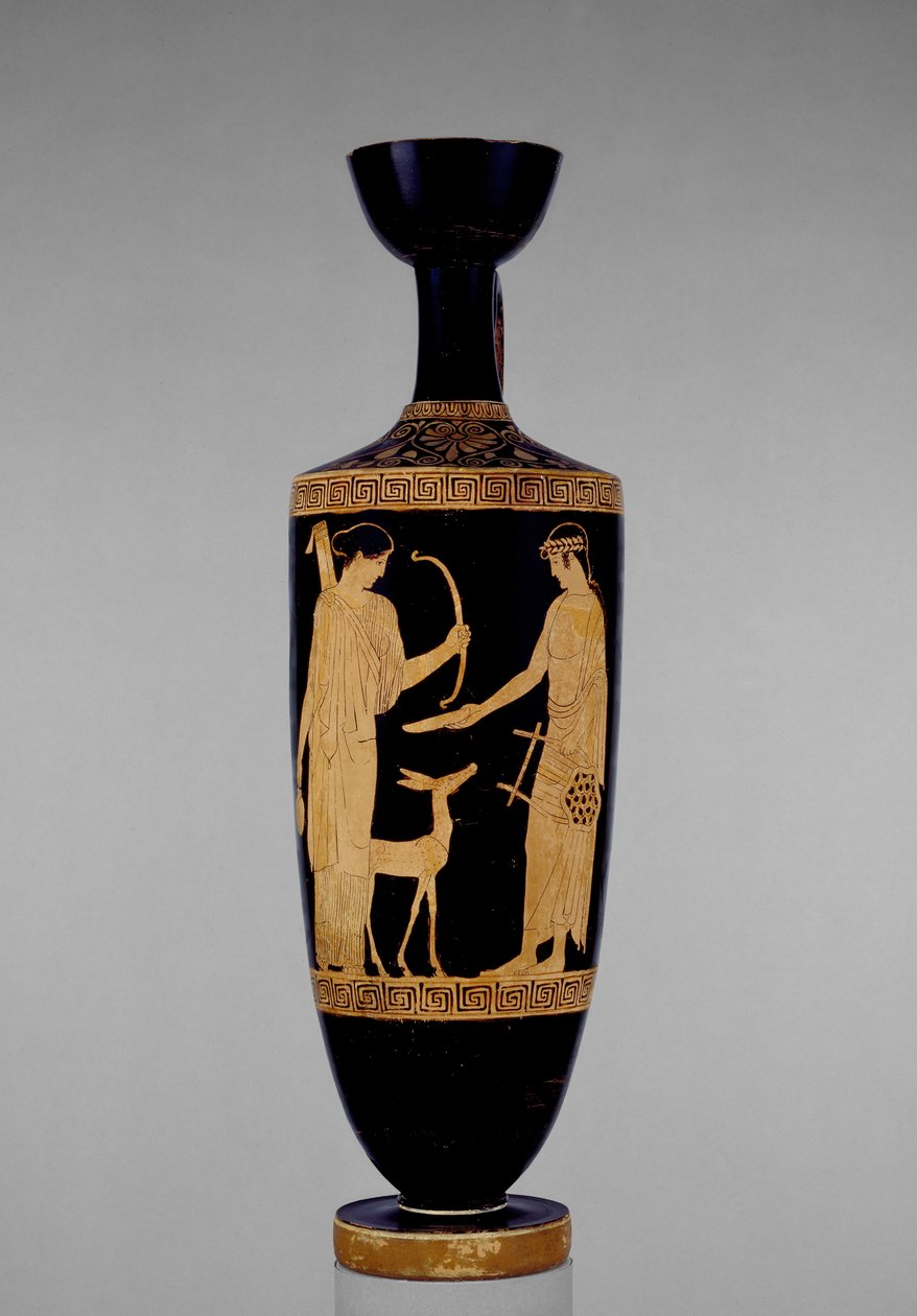 Lekythos áticos de figuras vermelhas decorados com Apolo e Ártemis com um cervo, século V aC (cerâmica) de Greek