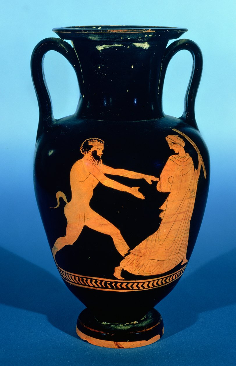 Ânfora nolana ática de figuras vermelhas, decorada com uma dama sendo perseguida por um sátiro, c.450-440 aC (cerâmica) de Greek