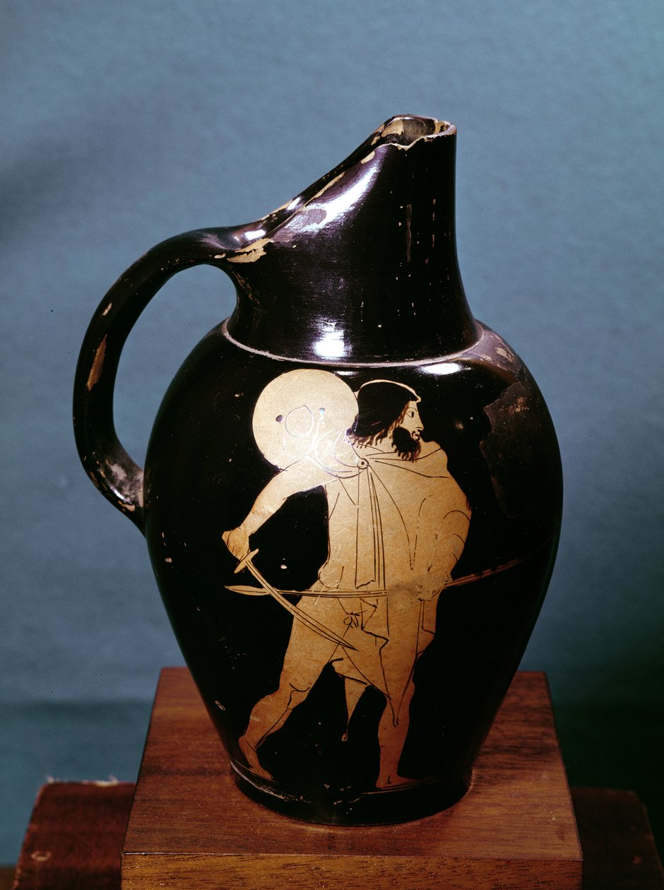 Oinochoe ático de figuras vermelhas representando Ulisses perseguindo a feiticeira Circe com sua espada (cerâmica) (ver também 279363) de Greek