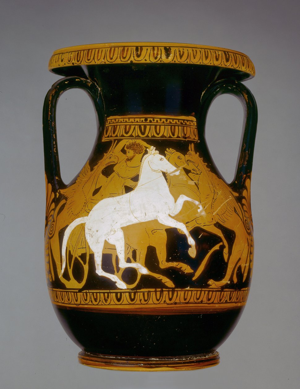 Pelike ático de figuras vermelhas decorado com cavalos sendo atacado por grifos, encontrado em Atenas, século IV aC (cerâmica) de Greek