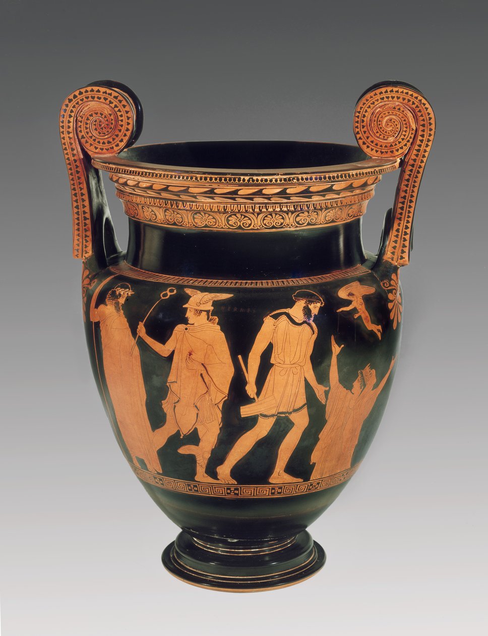 Cratera voluta ática em figura-vermelha, decorada com uma cena Pandora erguendo-se do chão e Hermes segurando o germe da falsidade, relacionado ao Grupo de Poligotos (c.450 aC) c.450 aC (cerâmica) de Greek
