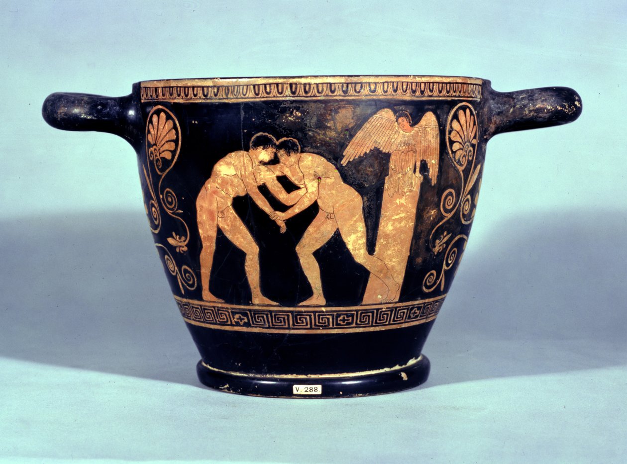Kotyle ático de figuras vermelhas decorado com dois lutadores, de Chiusi (cerâmica) de Greek