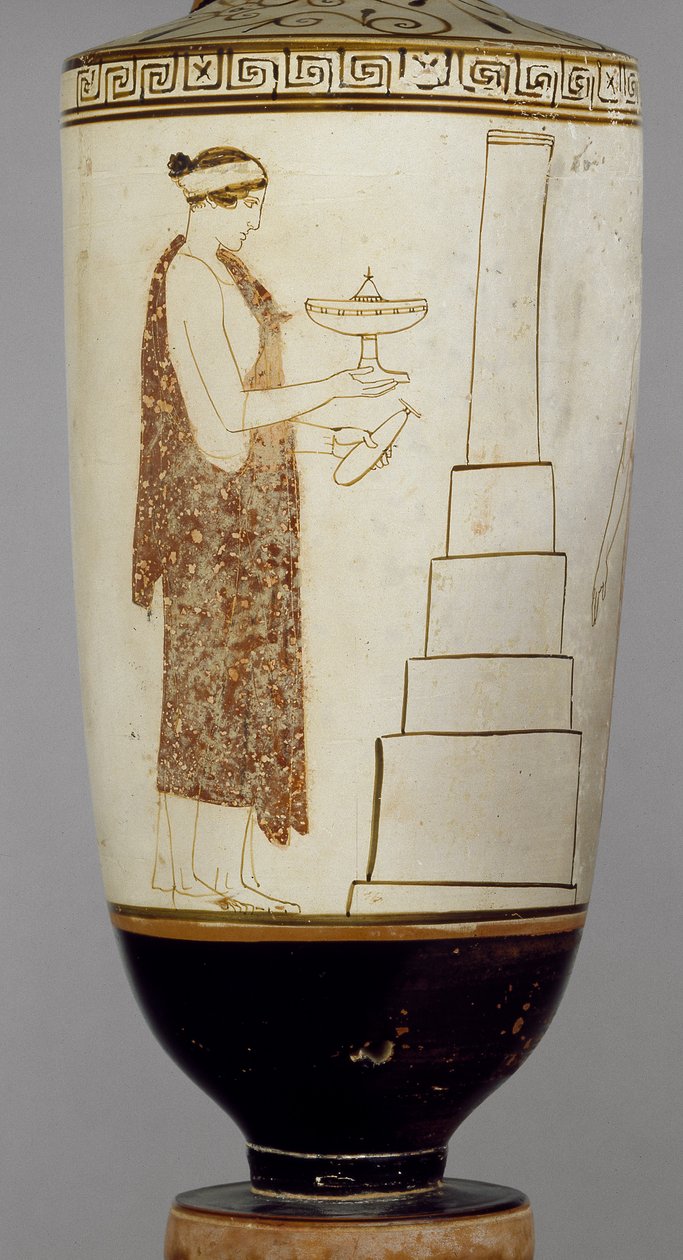 Lekythos sótão branco-terra que mostra uma mulher e mocidade a uma tumba (cerâmica) de Greek