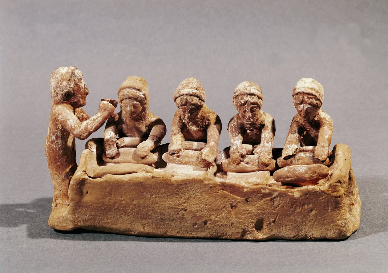Padeiros amassando massa ao som de uma flauta, encontrada em Tebas, Beócia, século VI aC (terracota) (ver também 365020) de Greek