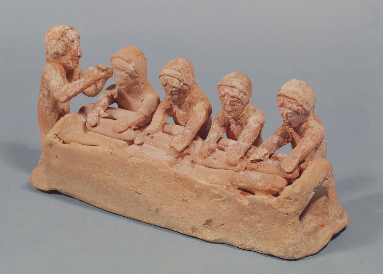 Padeiros amassando massa ao som de uma flauta, encontrada em Tebas, Beócia, século VI aC (terracota) (ver também 155945) de Greek