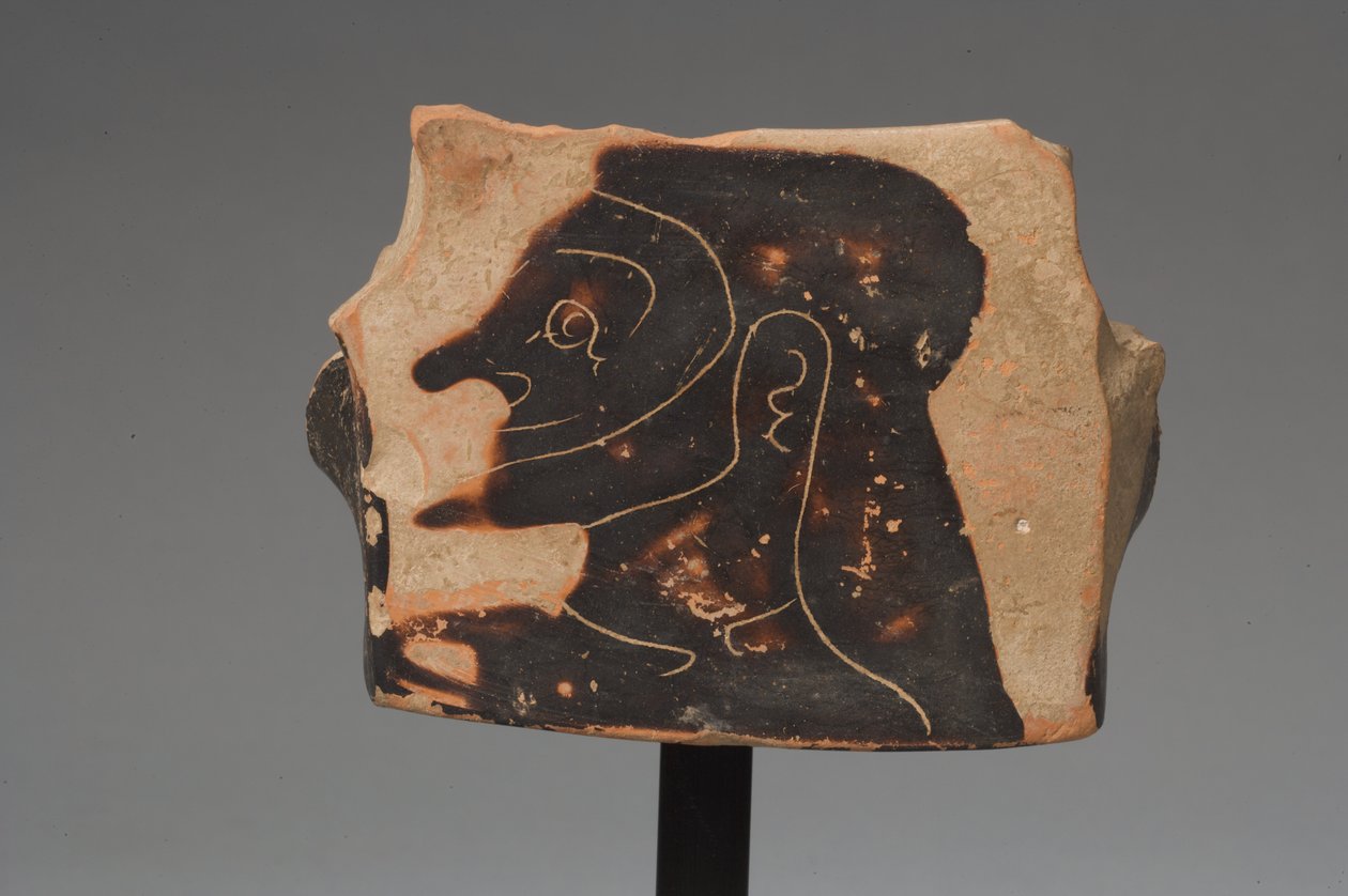 Estilhaço de figura negra de uma coluna krater, coríntia (terracota) de Greek