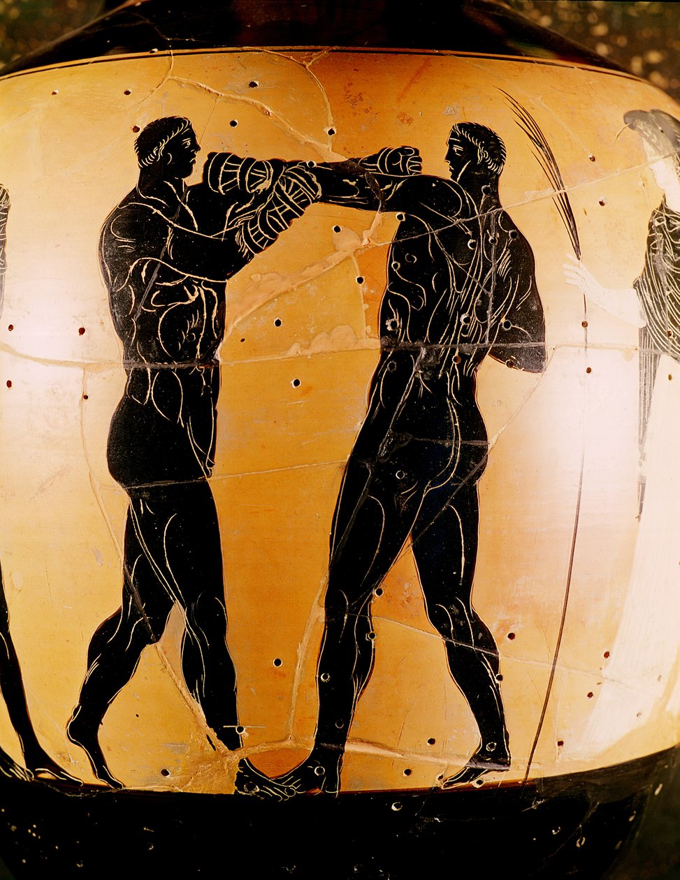Ânfora panatenaica de figuras negras representando um concurso de boxe, c.336 aC (cerâmica) de Greek