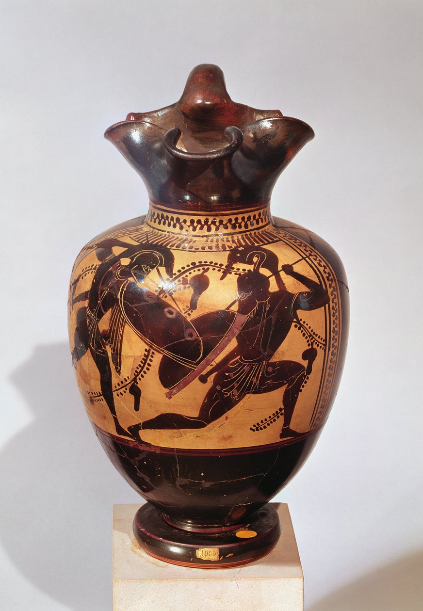 Oinochoe de figuras negras decoradas com guerreiros, c.530-520 aC (cerâmica) de Greek