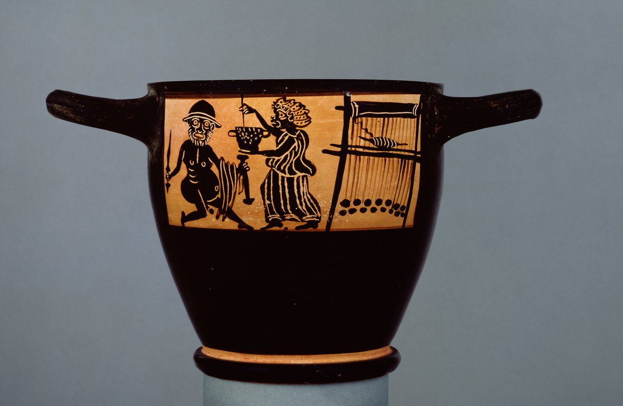 Skyphos de figuras negras de Boe, decoradas com uma cena de Ulisses recebendo uma poção drogada de Circe, da oficina do Mystae Painter, de Tebas, Beócia, final do século V aC (cerâmica) de Greek
