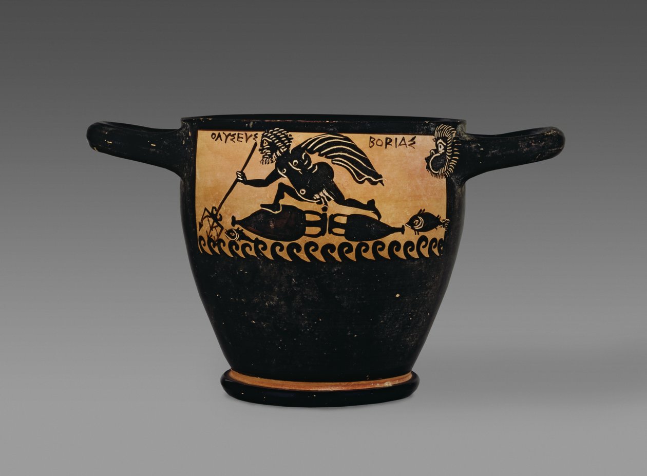 Skyphos de figuras negras de Boe, decorados com uma cena de Ulisses sendo soprado através do mar por Bóreas, da oficina do Mystae Painter, Tebas, Beócia, final do século V aC (cerâmica) de Greek