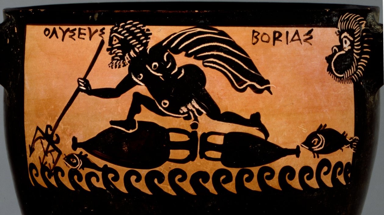 Skyphos de figuras negras de Boe, decoradas com uma cena de Ulisses sendo soprada através do mar por Boreas, da oficina do Mystae Painter, Tebas, Boécia, final do século V aC (cerâmica) de Greek