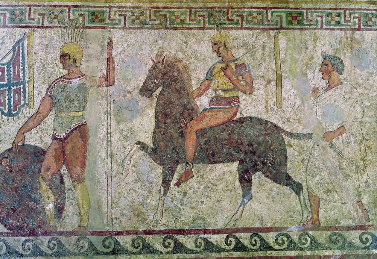 Cavalryman e um soldado de infantaria, tumba pintando de Paestum de Greek