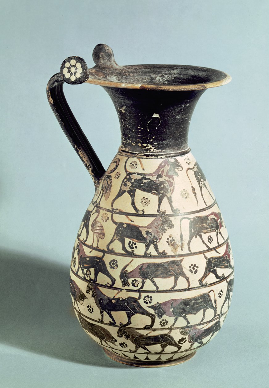 Oinochoe Corinthian decorado com leões, de Vulci, c.530-520 aC (cerâmica) de Greek