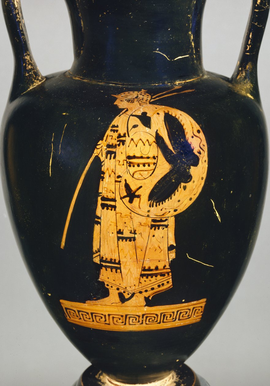 Detalhe de uma ânfora de pescoço de figura vermelha ática de uma figura de guerreiro (cerâmica) de Greek