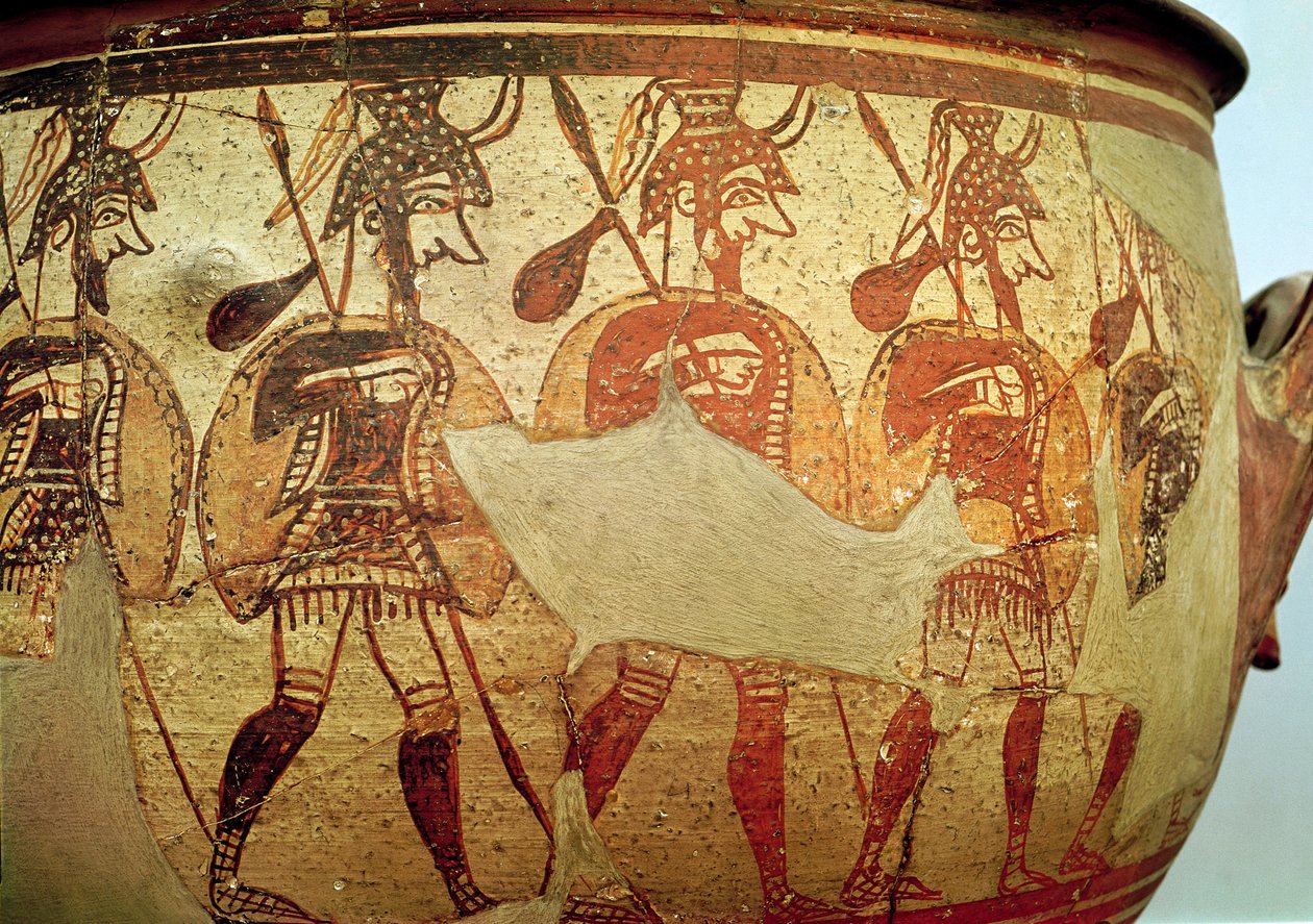 Detalhe, de, um, figura vermelha, krater, descrevendo, guerreiros, rhodes, 13th-12th, século, bc, cerã ¢ icas de Greek