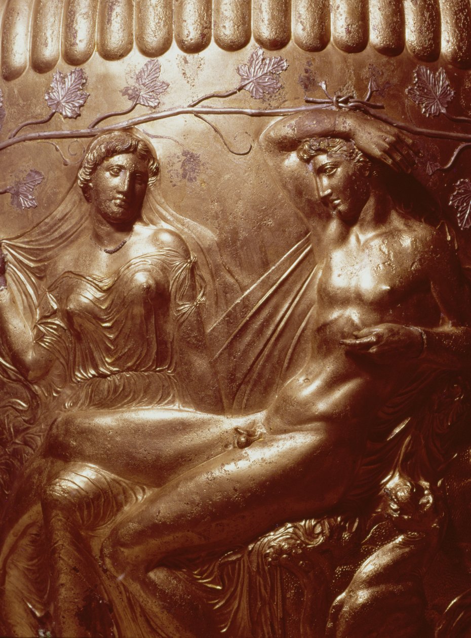 Detalhe do Dherveni Krater representando Dionísio e Ariadne bronze dourado de Greek