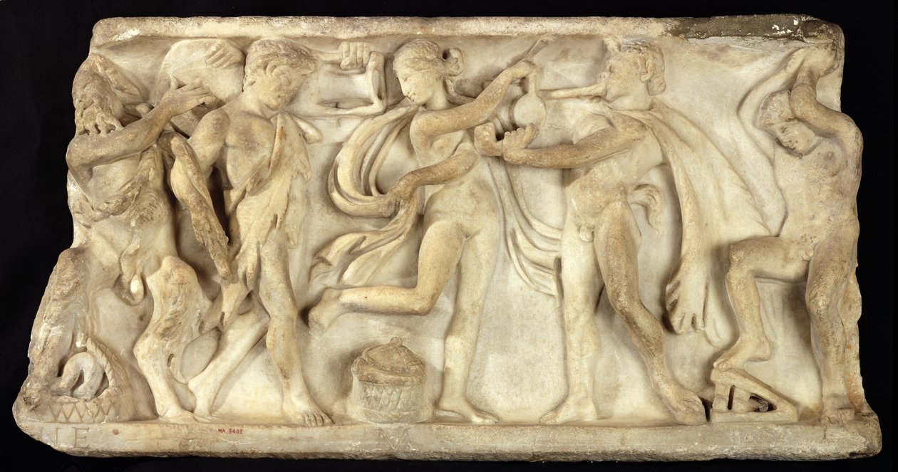 Fragmento de um sarcófago representando sátiros e uma bacante de Greek