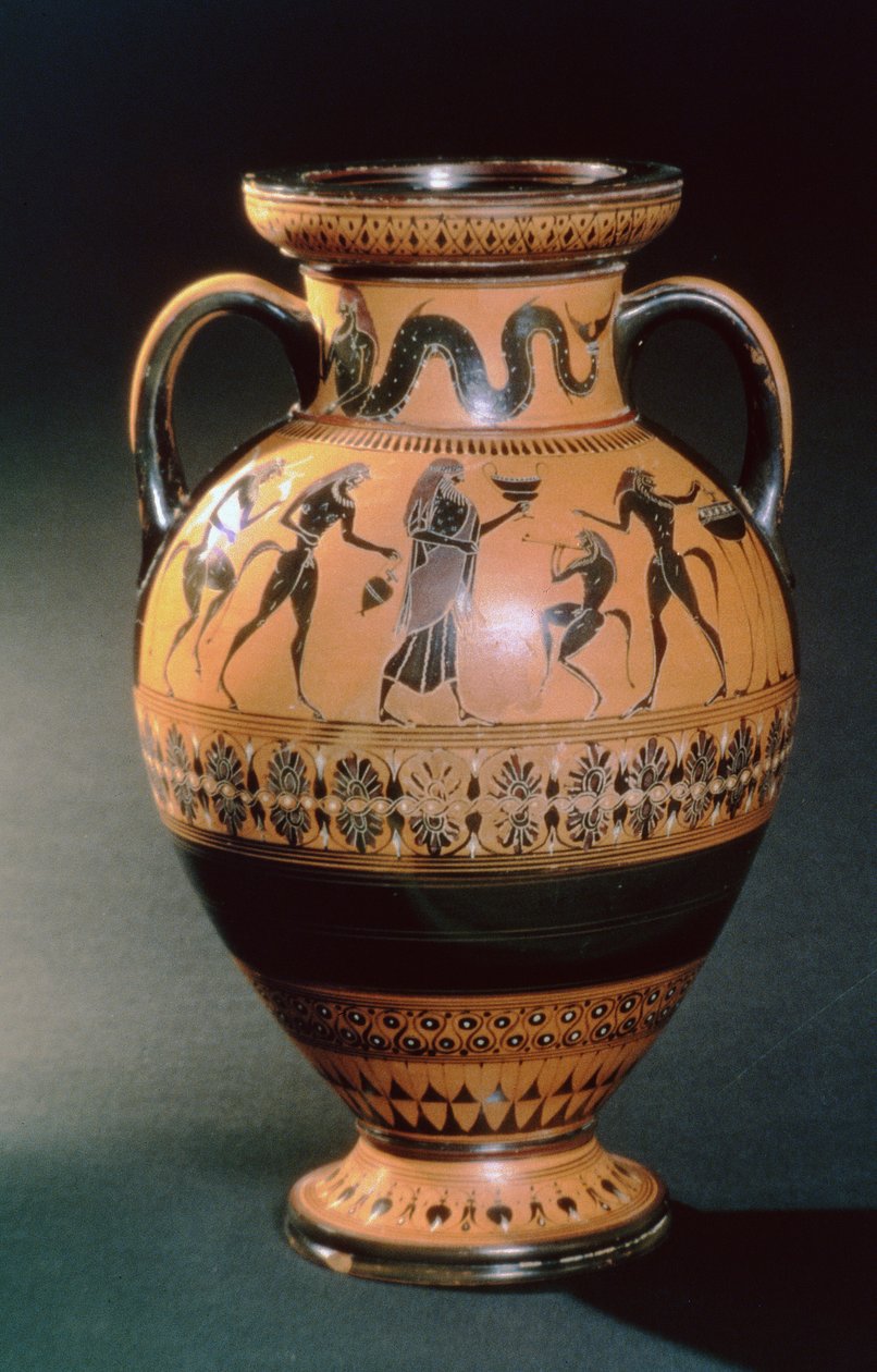 Ânfora figura negra jônica, representando um tritão e um ritual de sacrifício, c.540-530 aC (barro) de Greek