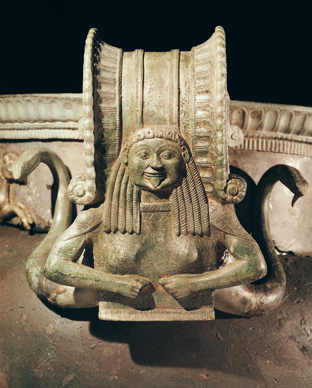 Krater, detalhe da alça, da Necrópole Trebeniste, Lago Ohrid, detalhe de bronze da Macedónia de 243734 de Greek