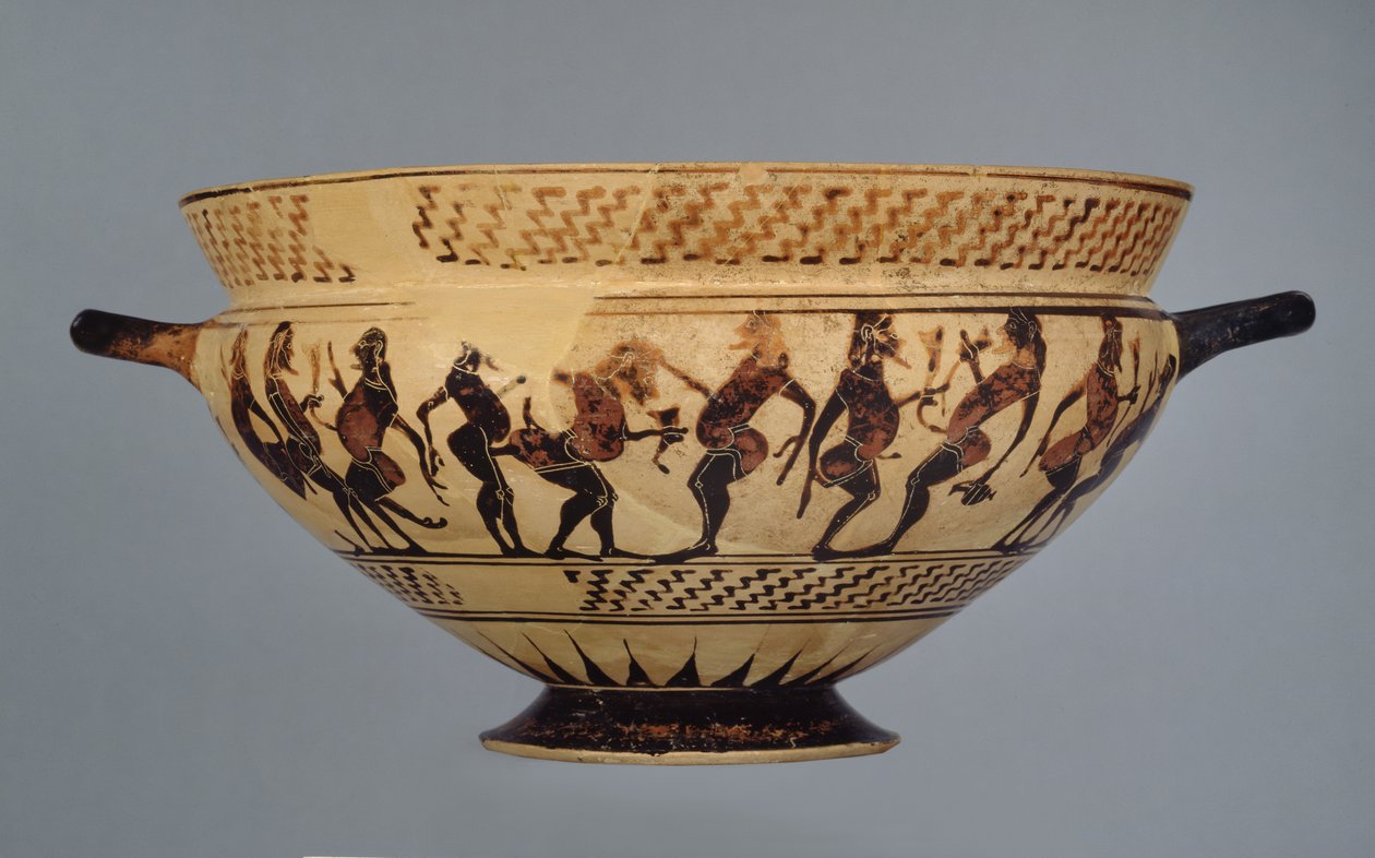 Taça coríntia média decorada com dezasseis dançarinos acolchoados ou Komasts, possivelmente de Cerveteri, c.600-575 (cerâmica) de Greek