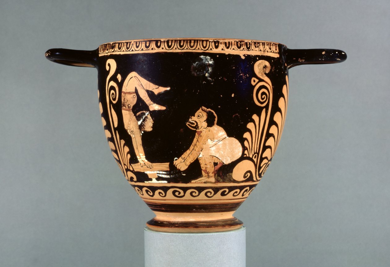 Paestan skyphos de figuras vermelhas, decoradas com um ator de phlyax e uma acrobata feminina, grega, grupo Asteas, c.350-325 aC (cerâmica) de Greek