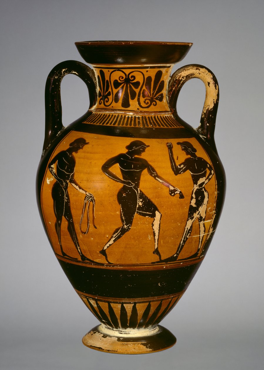 Ânfora panatenaica com três atletas (cerâmica) de Greek